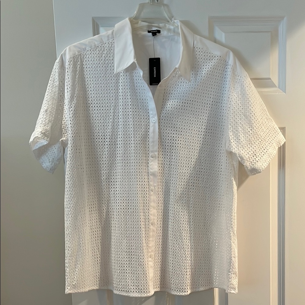 Express White Eyelet Short Sleeve Shirt